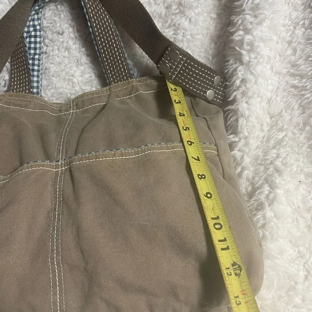 Cotton gray tote/shoulder bag with white & blue plaid lining